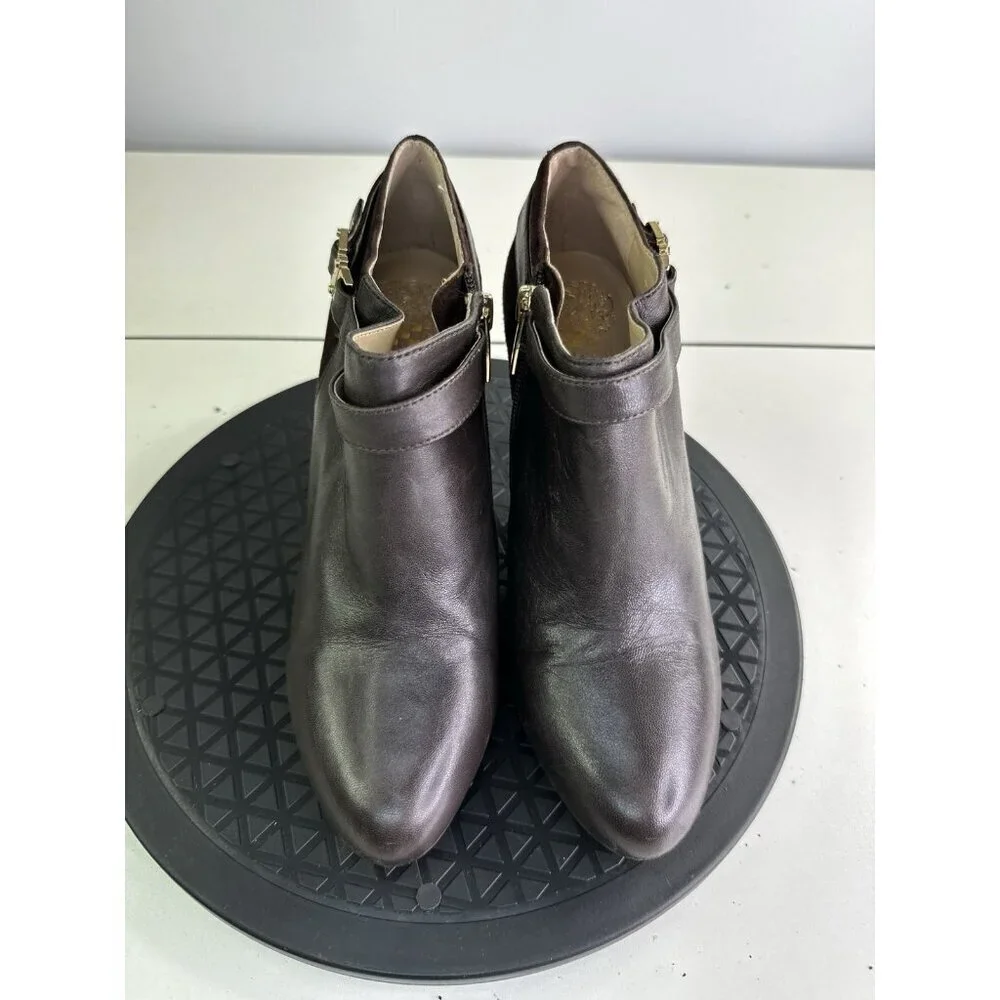 Vince Camuto Vanna Leather & Suede Dk Brown Ankle Boot Heels 7.5M Gold Trim